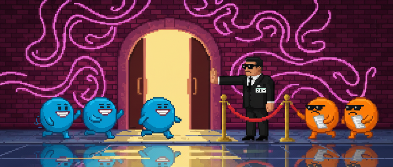 A pixel-art nightclub entrance at night. A bouncer wearing a "JEV" name badge holds the door open for smiling blue speech-bubble characters, while grumpy orange ones in sunglasses, holding flyers, wait behind a velvet rope.
