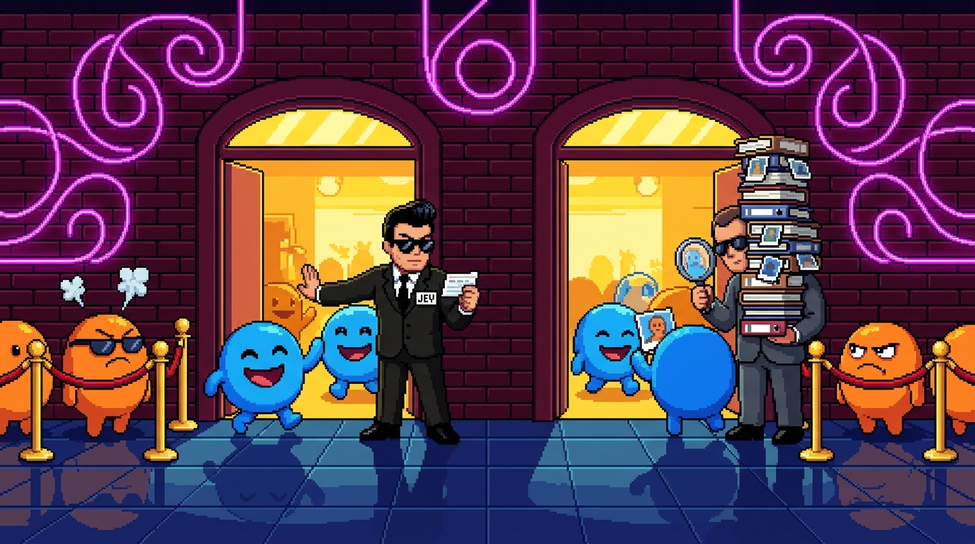 A pixel-art nightclub with two doors. At the left door, a bouncer with a "JEV" badge glances at a small card with a single rule on it. At the right door, a second bouncer checks each guest against a towering stack of photo binders. At both doors, smiling blue characters are let in while grumpy orange ones are held behind a velvet rope.
