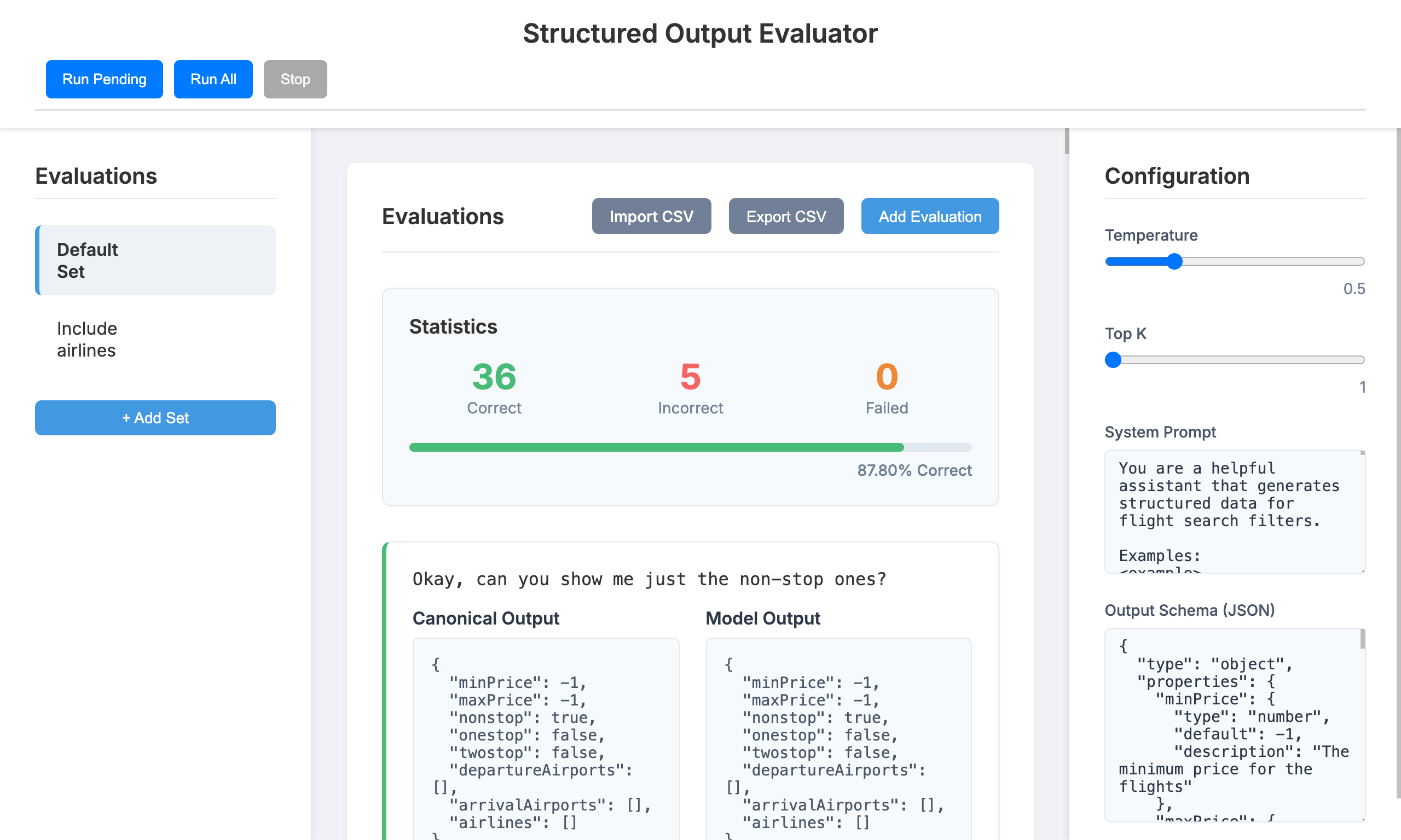 A screenshot of the structured output evaluation tool